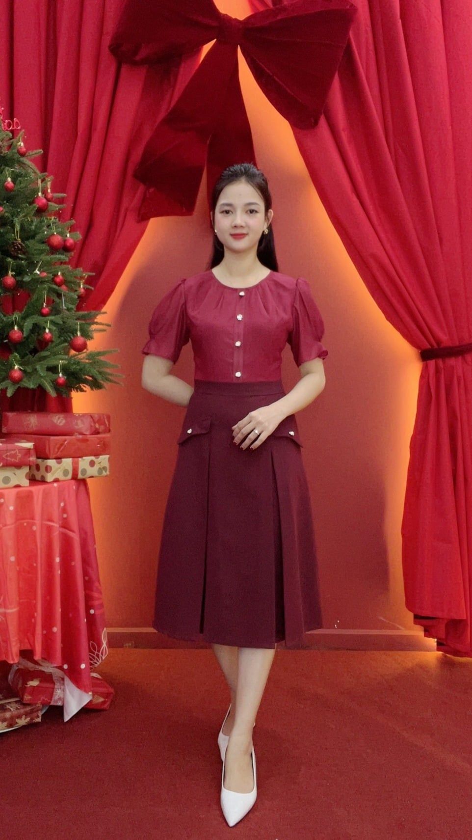 Đầm form A - Cổ tròn xếp ly tay ngắn - CV - Đỏ  - TTV2017