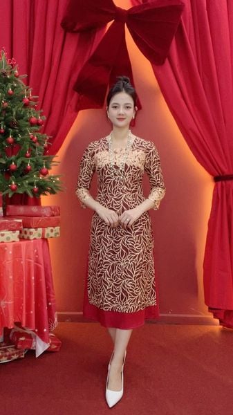 Áo dài cách tân - Cổ vuông tay lỡ - CD - Đỏ họa tiết - TTV2019