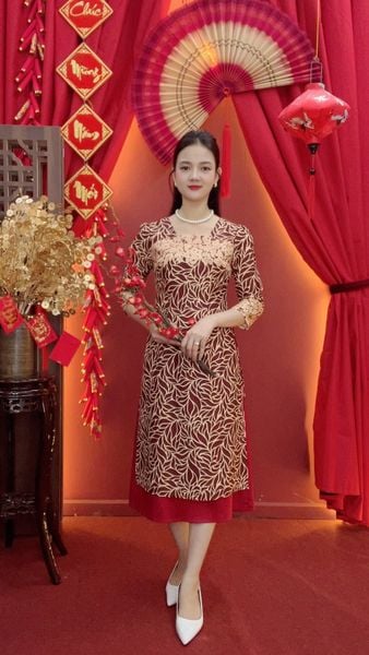 Áo dài cách tân - Cổ vuông tay lỡ - CD - Đỏ họa tiết - TTV2019