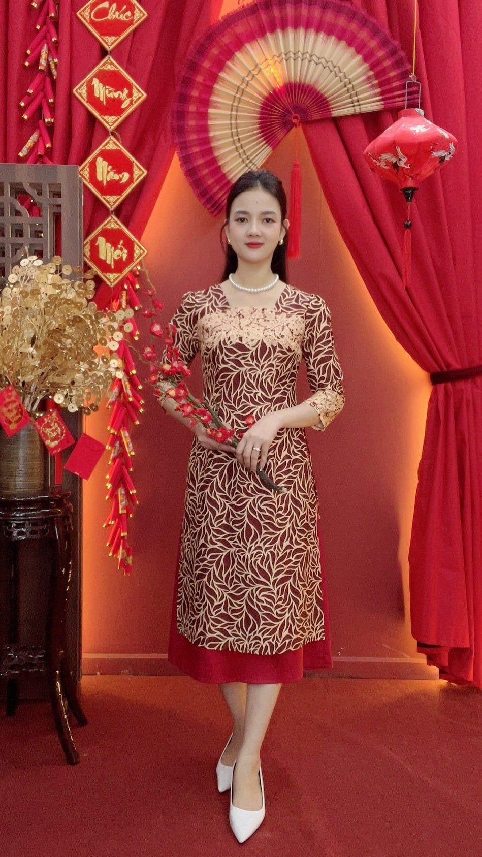 Áo dài cách tân - Cổ vuông tay lỡ - CD - Đỏ họa tiết - TTV2019