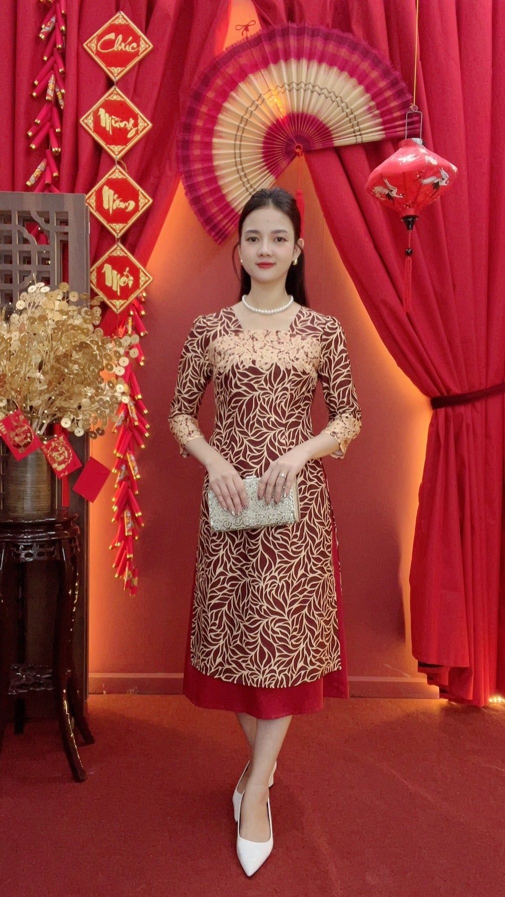 Áo dài cách tân - Cổ vuông tay lỡ - CD - Đỏ họa tiết - TTV2019