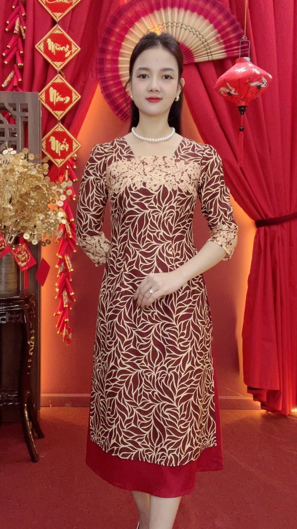 Áo dài cách tân - Cổ vuông tay lỡ - CD - Đỏ họa tiết - TTV2019