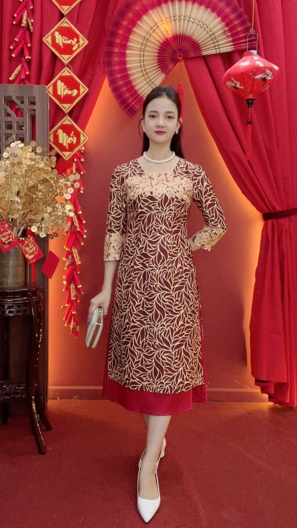 Áo dài cách tân - Cổ vuông tay lỡ - CD - Đỏ họa tiết - TTV2019