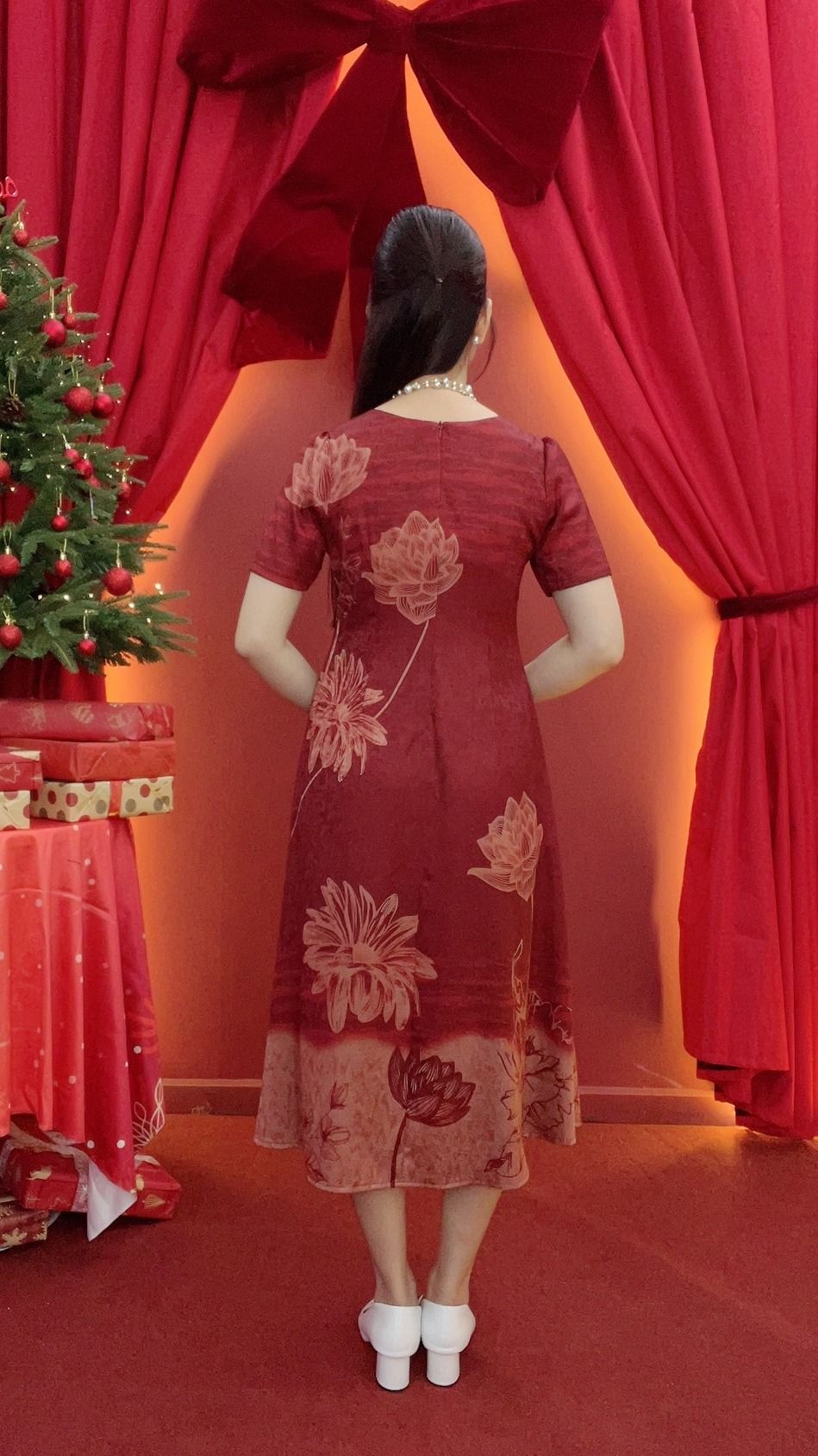 Đầm suông xòe - Cổ tròn tay ngắn - CV - Đỏ hoa - TTV2021