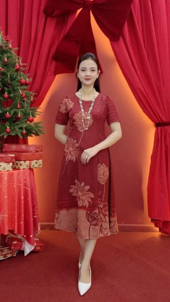 Đầm suông xòe - Cổ tròn tay ngắn - CV - Đỏ hoa - TTV2021