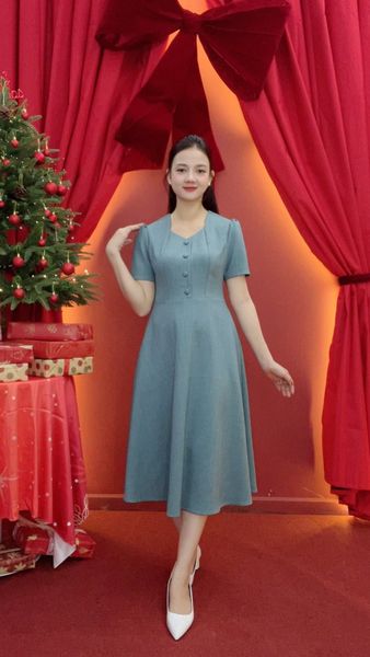 Đầm xòe - Cổ vuông tim kết nút tay ngắn - CD - Xanh - TTV2022