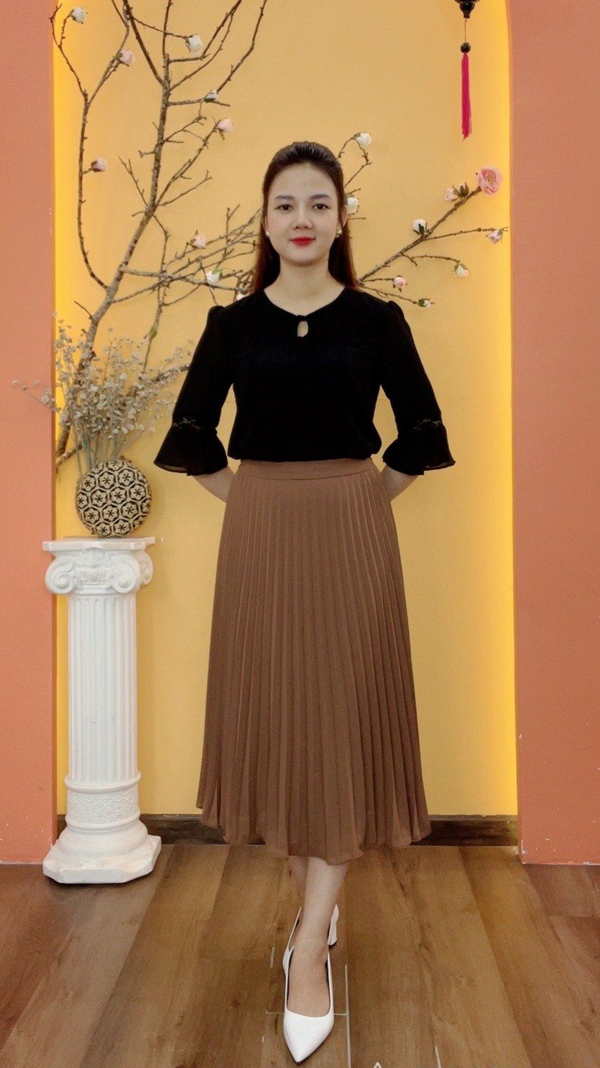 Chân váy xếp ly - Khóa kéo sau lưng - CT - Nâu - TTV1984