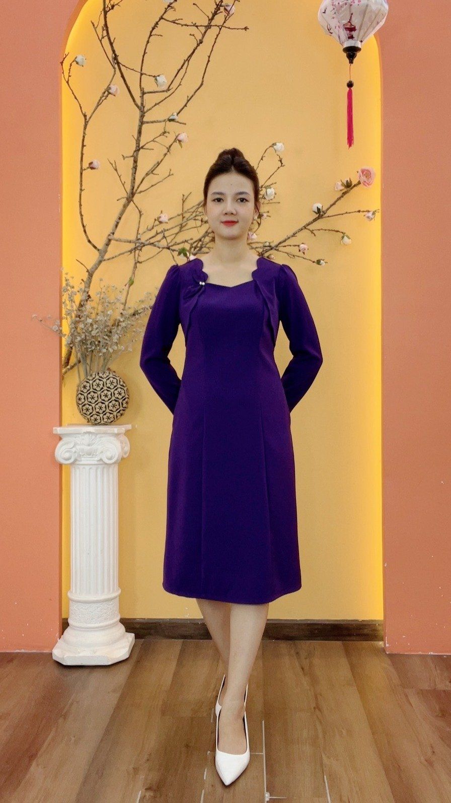 Đầm suông - Cổ vuông tim sóng nước kết hoa tay dài - CV - Tím huế - TTV1987