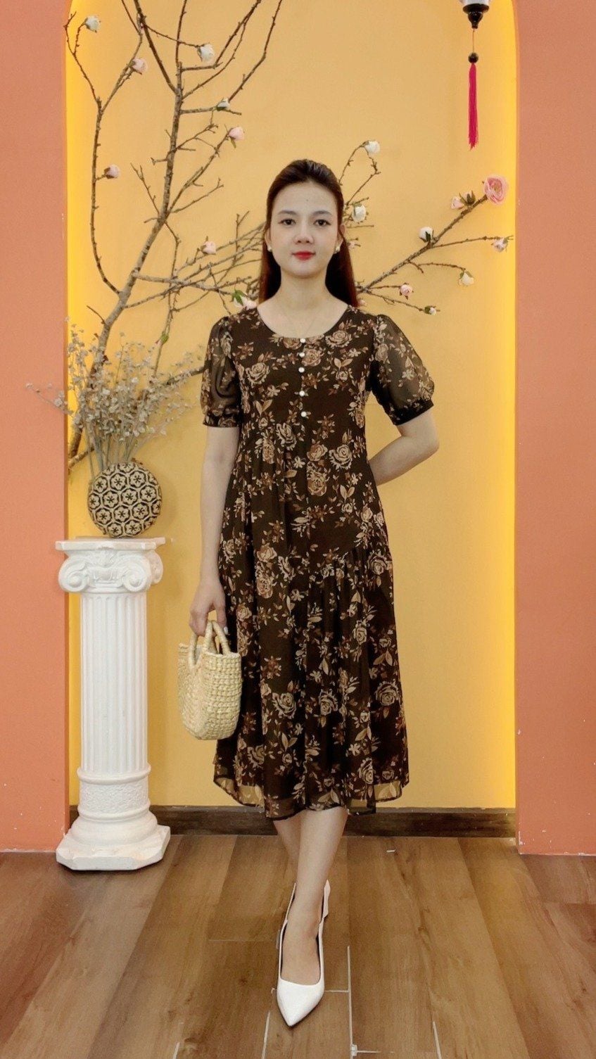 Đầm suông - Cổ tròn tay ngắn - AH - Nâu hoa - TTV1990