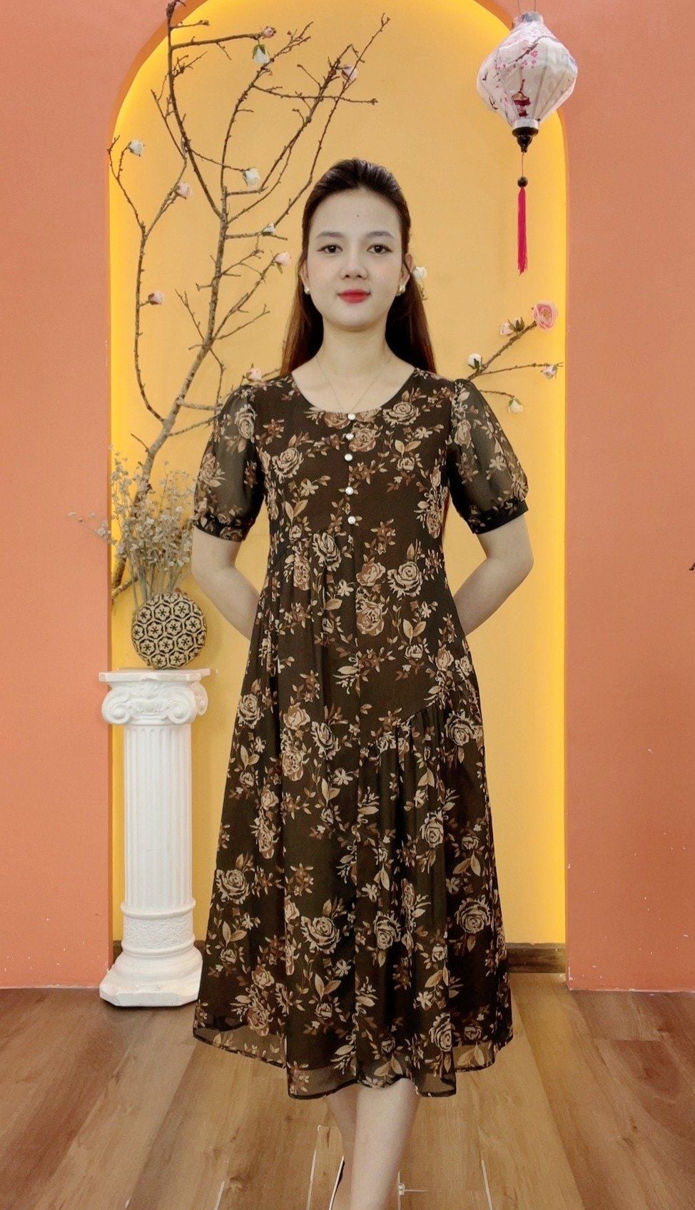 Đầm suông - Cổ tròn tay ngắn - AH - Nâu hoa - TTV1990