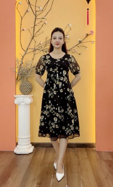 Đầm suông - Cổ tròn tay ngắn - AH - Đen hoa - TTV1990