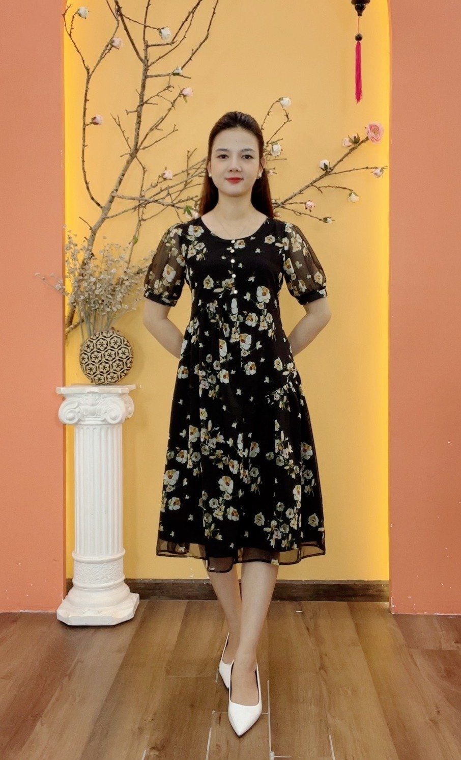 Đầm suông - Cổ tròn tay ngắn - AH - Đen hoa - TTV1990