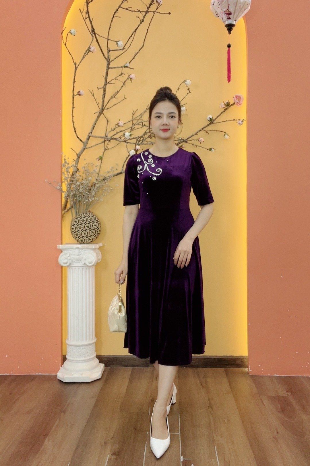 Đầm xòe - Cổ tròn kết ngọc tay lỡ - CV - Tím - TTV2001