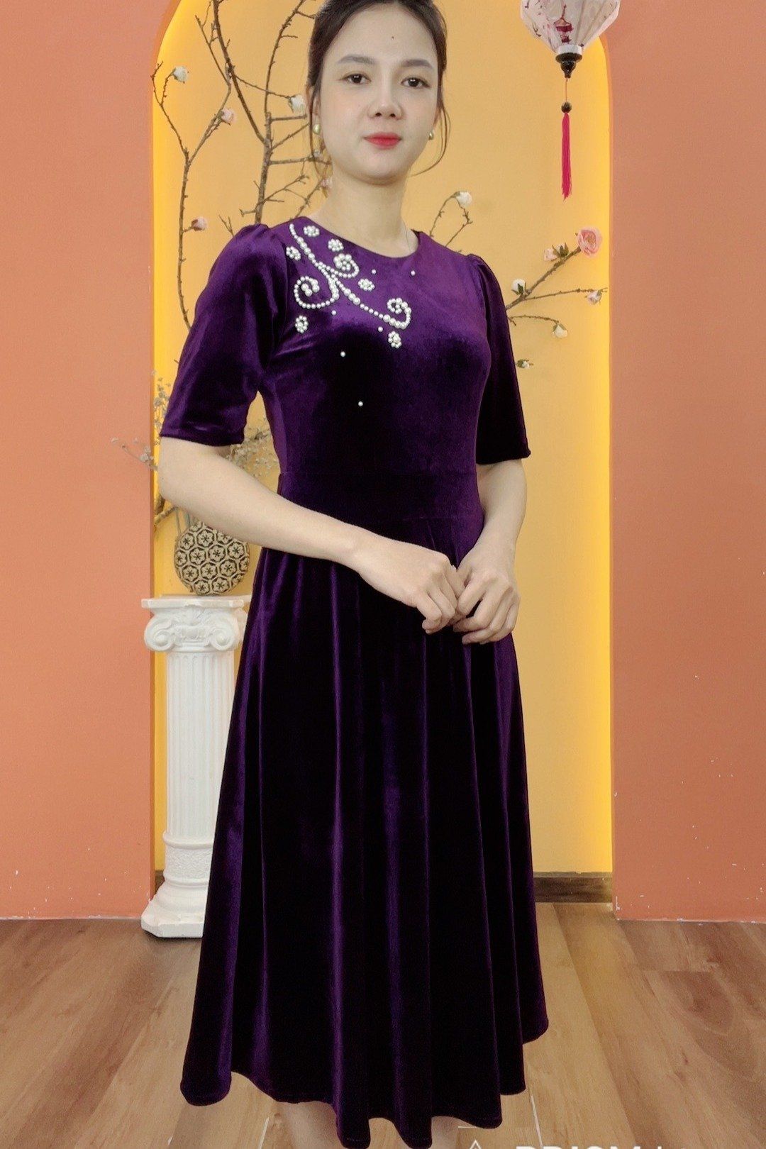 Đầm xòe - Cổ tròn kết ngọc tay lỡ - CV - Tím - TTV2001
