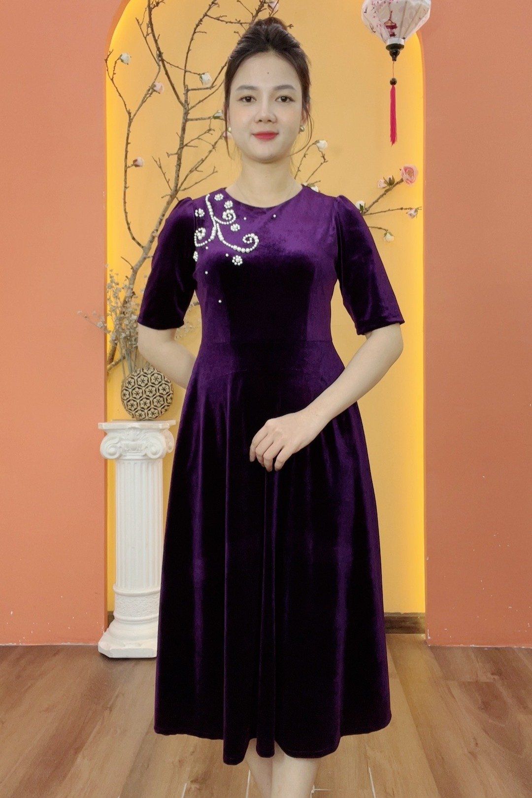 Đầm xòe - Cổ tròn kết ngọc tay lỡ - CV - Tím - TTV2001