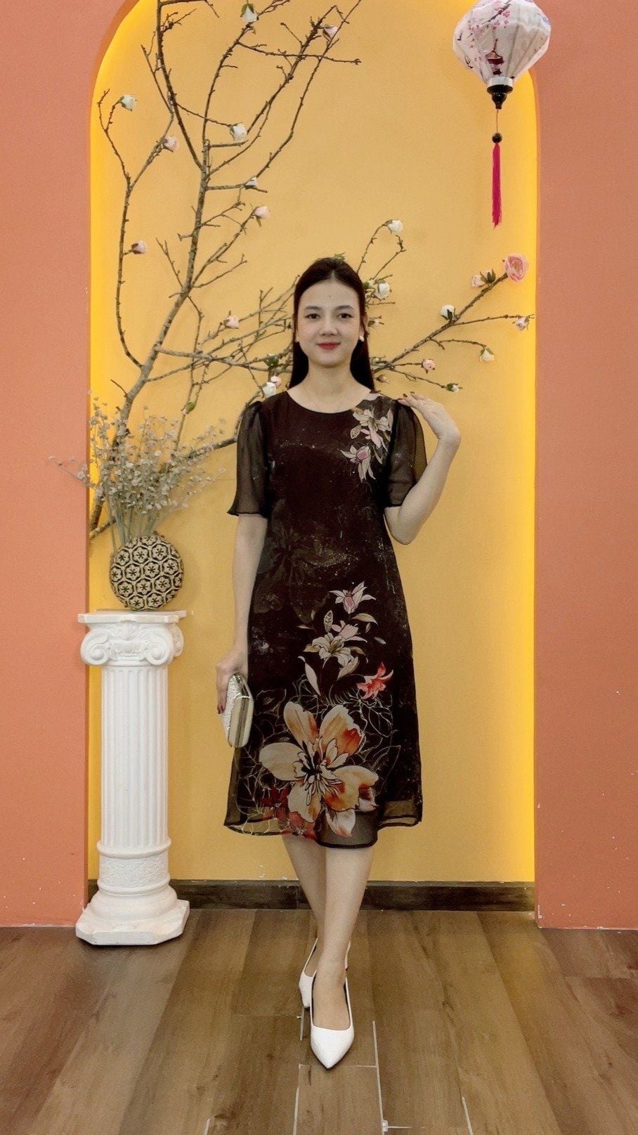 Đầm suông - Cổ tròn tay ngắn - CD - Nâu hoa - TTV2010