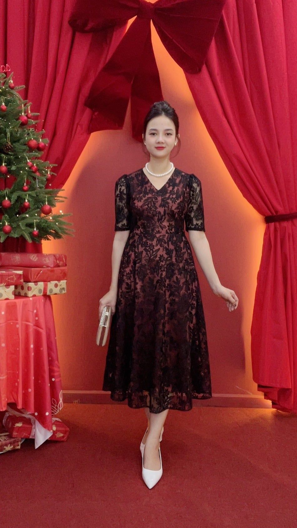 Đầm xòe - Cổ tim tay lỡ - CT - Ren đen - TTV2025