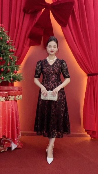 Đầm xòe - Cổ tim tay lỡ - CT - Ren đen - TTV2025