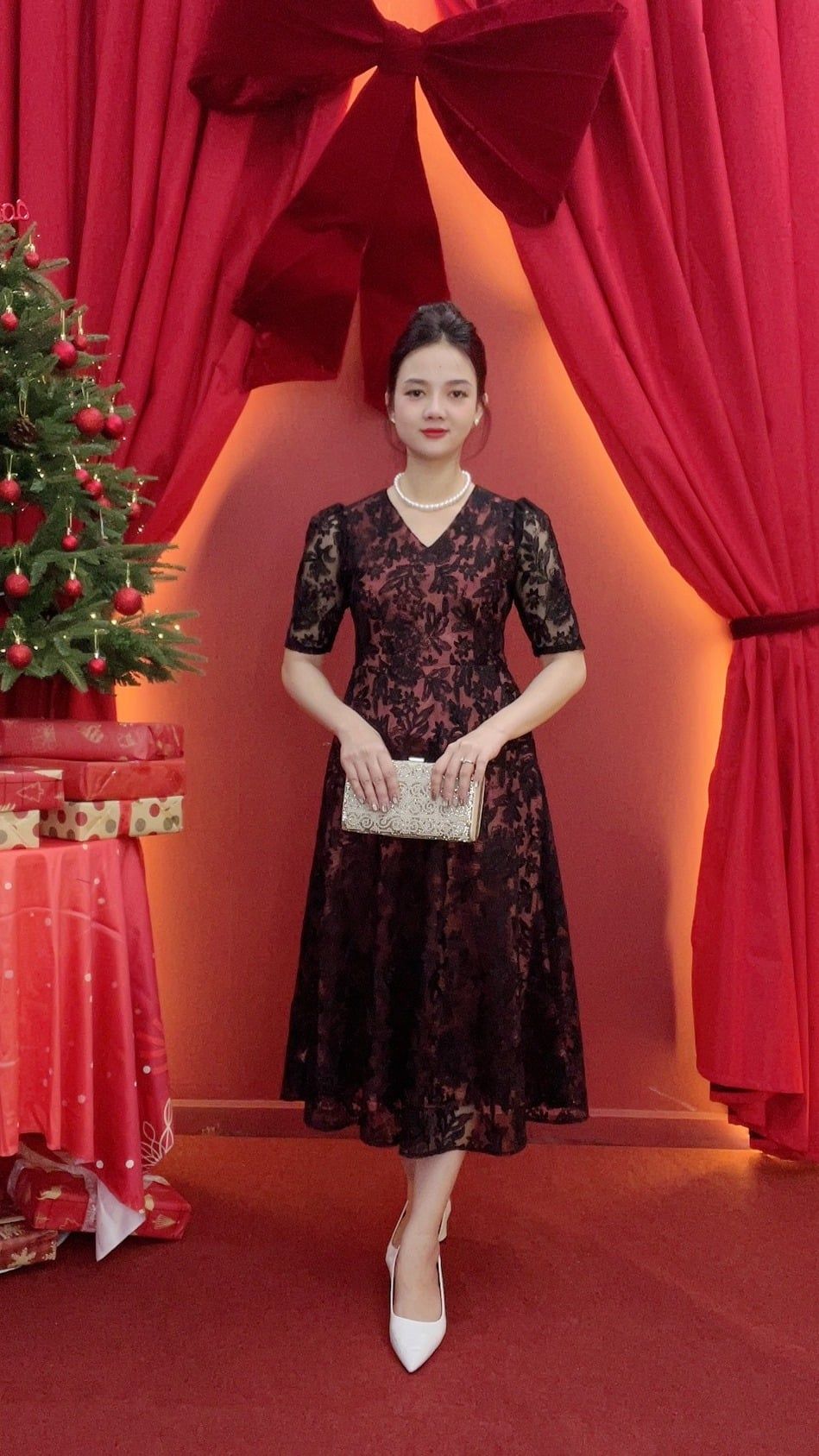 Đầm xòe - Cổ tim tay lỡ - CT - Ren đen - TTV2025