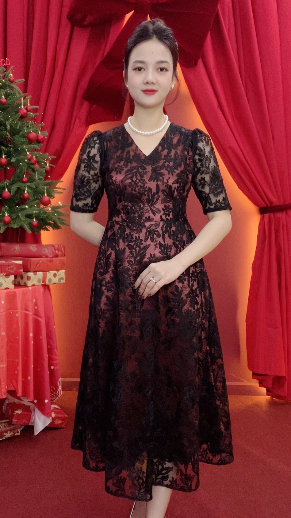 Đầm xòe - Cổ tim tay lỡ - CT - Ren đen - TTV2025