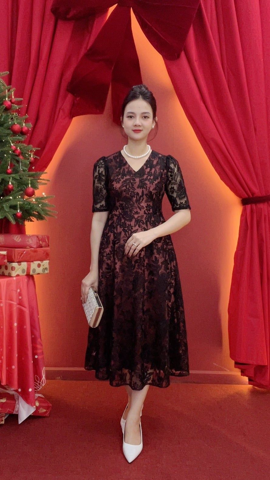 Đầm xòe - Cổ tim tay lỡ - CT - Ren đen - TTV2025