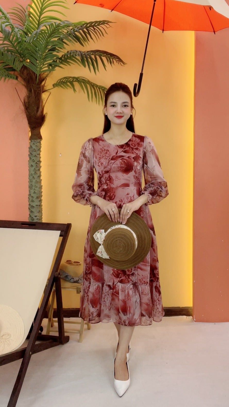 Đầm maxi - Cổ tròn tay dài - CD - Hồng trà hoa - TTV2054