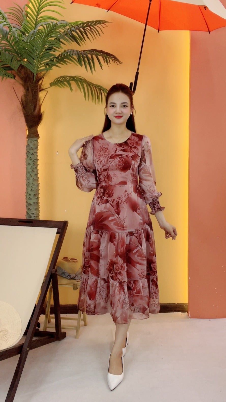 Đầm maxi - Cổ tròn tay dài - CD - Hồng trà hoa - TTV2054