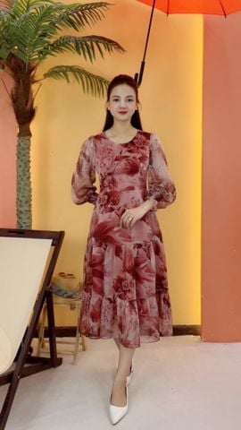 Đầm maxi - Cổ tròn tay dài - CD - Hồng trà hoa - TTV2054