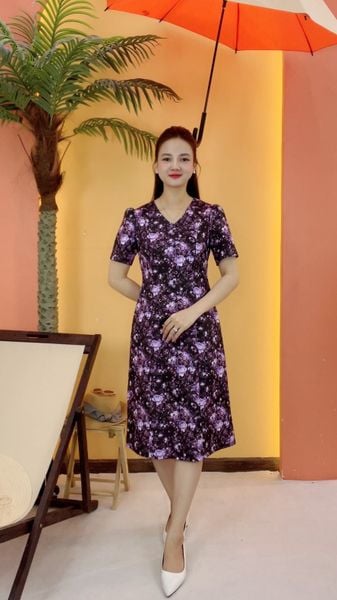 Đầm suông - Cổ tim tay ngắn - CD -  Đen hoa tím - TTV2052