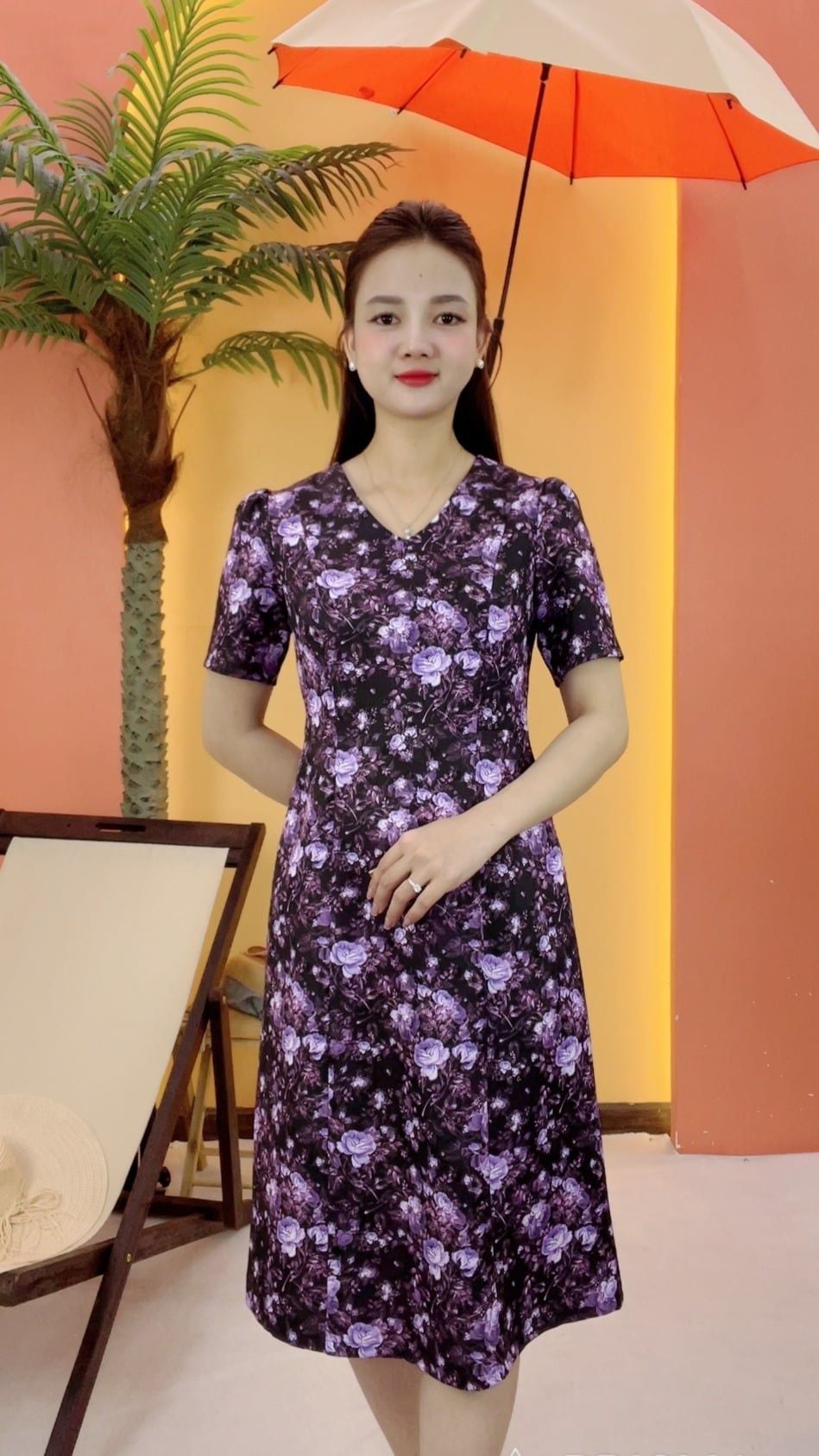 Đầm suông - Cổ tim tay ngắn - CD -  Đen hoa tím - TTV2052