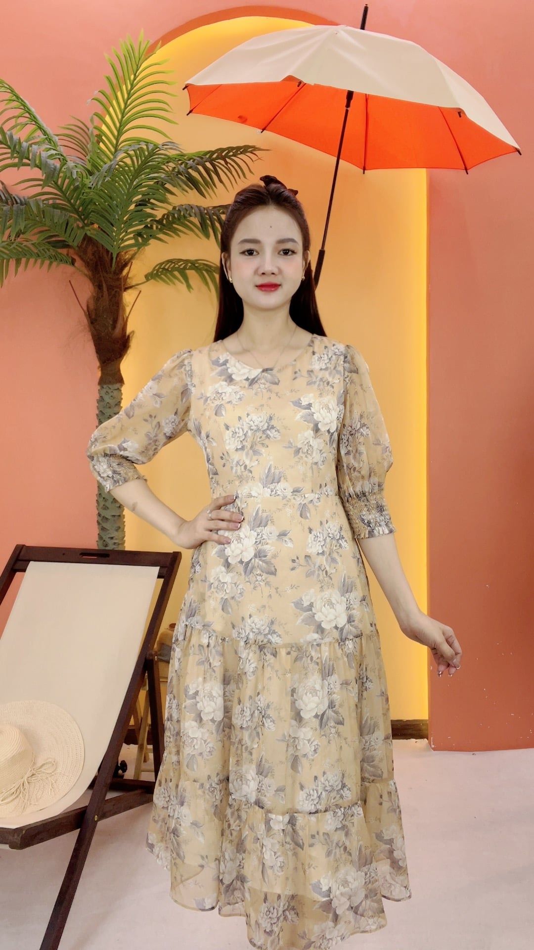 Đầm maxi - Cổ tròn tay dài - CD - Vàng hoa - TTV2058