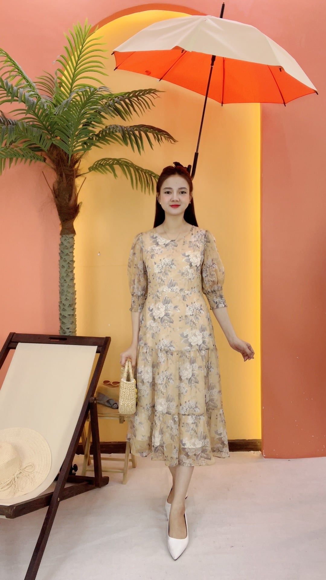 Đầm maxi - Cổ tròn tay dài - CD - Vàng hoa - TTV2058