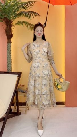 Đầm maxi - Cổ tròn tay dài - CD - Vàng hoa - TTV2058