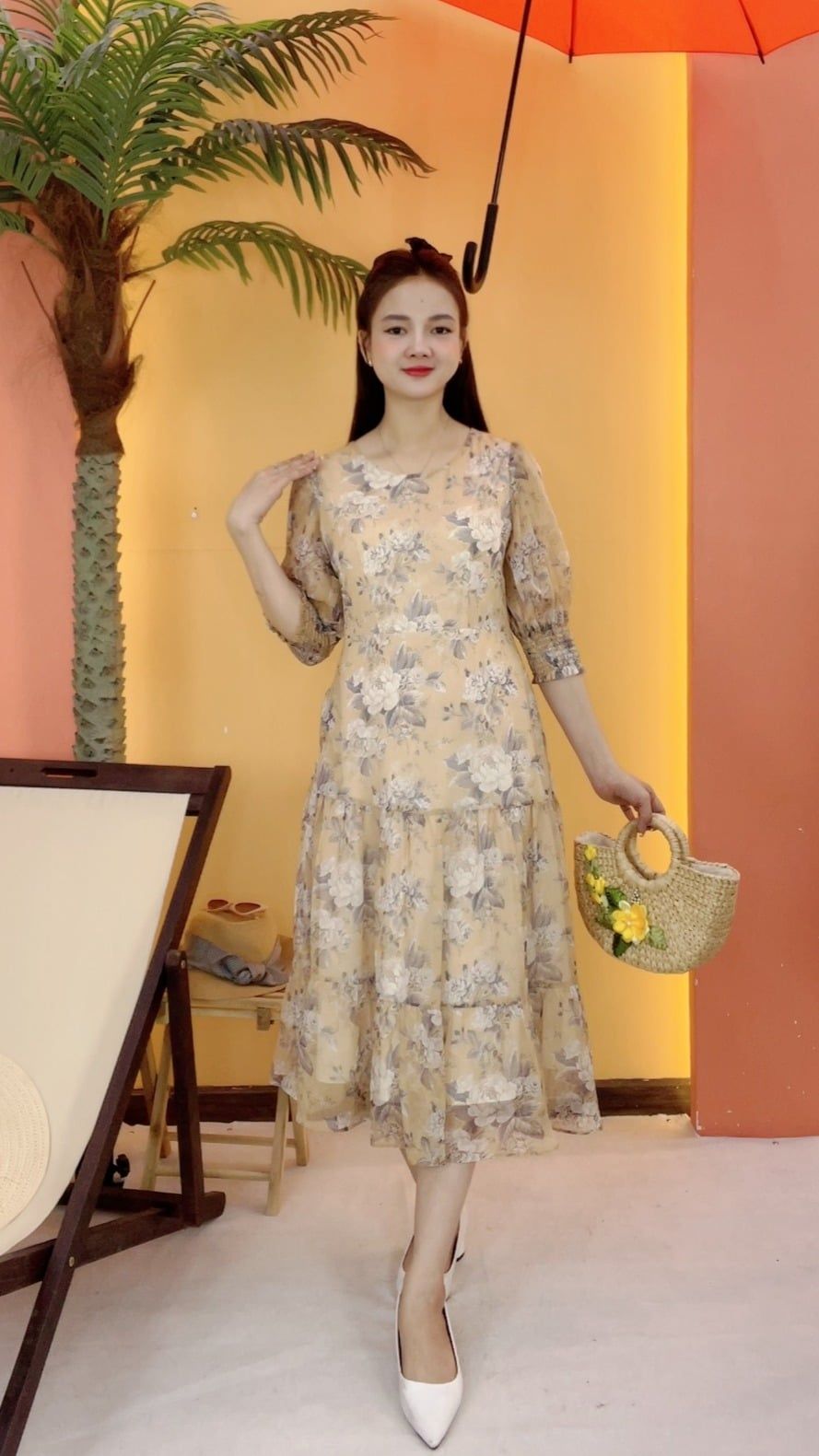 Đầm maxi - Cổ tròn tay dài - CD - Vàng hoa - TTV2058