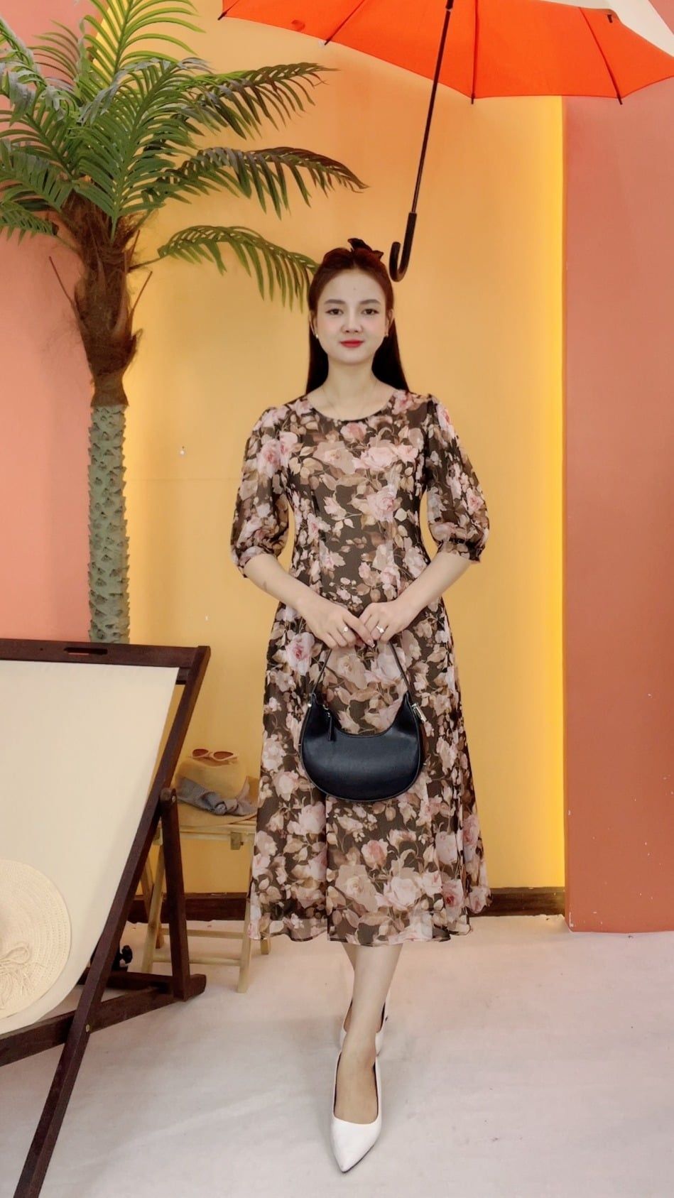 Đầm suông - Cổ tròn tay lỡ - CD - Nâu hoa - TTV2057