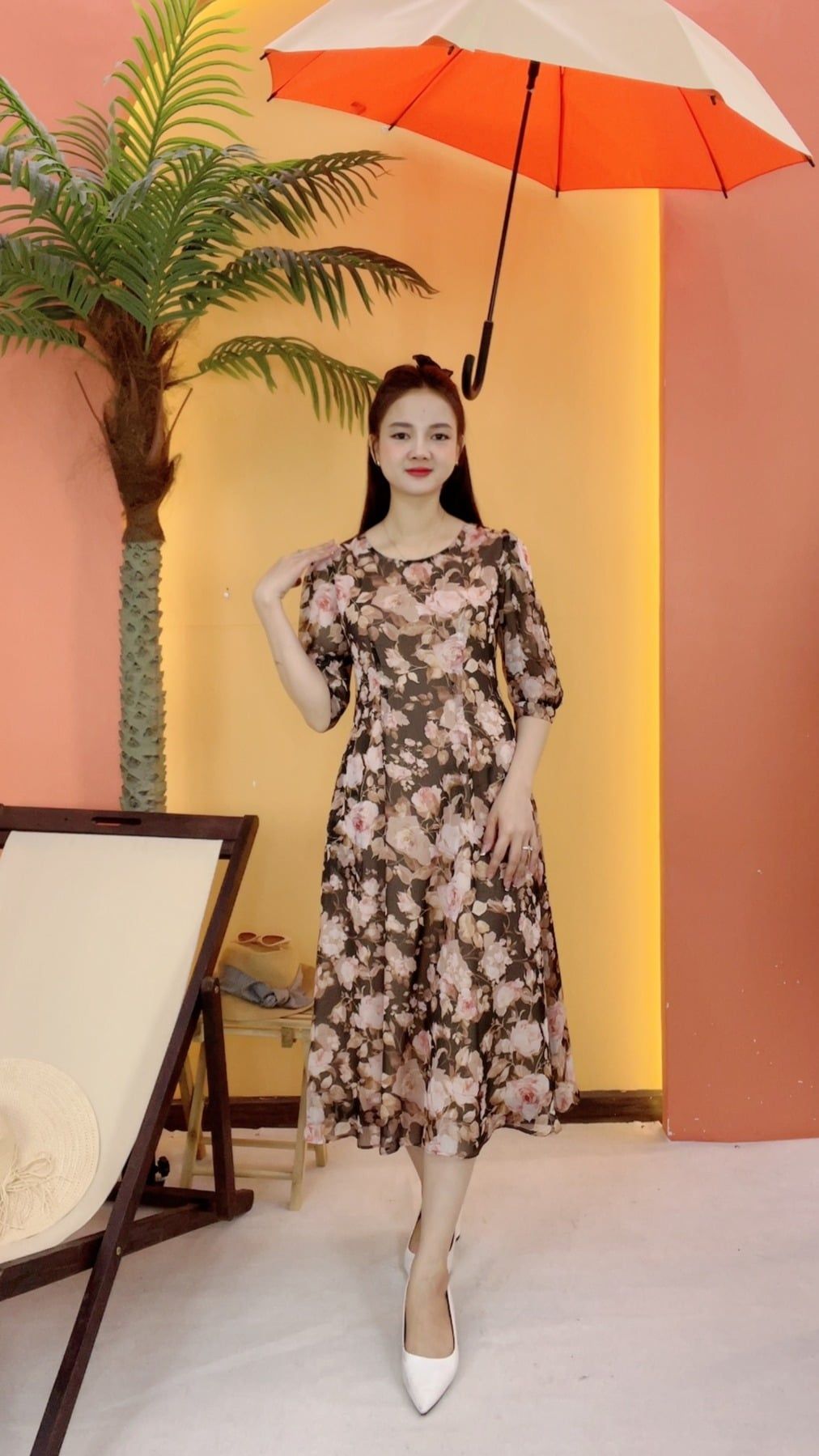 Đầm suông - Cổ tròn tay lỡ - CD - Nâu hoa - TTV2057