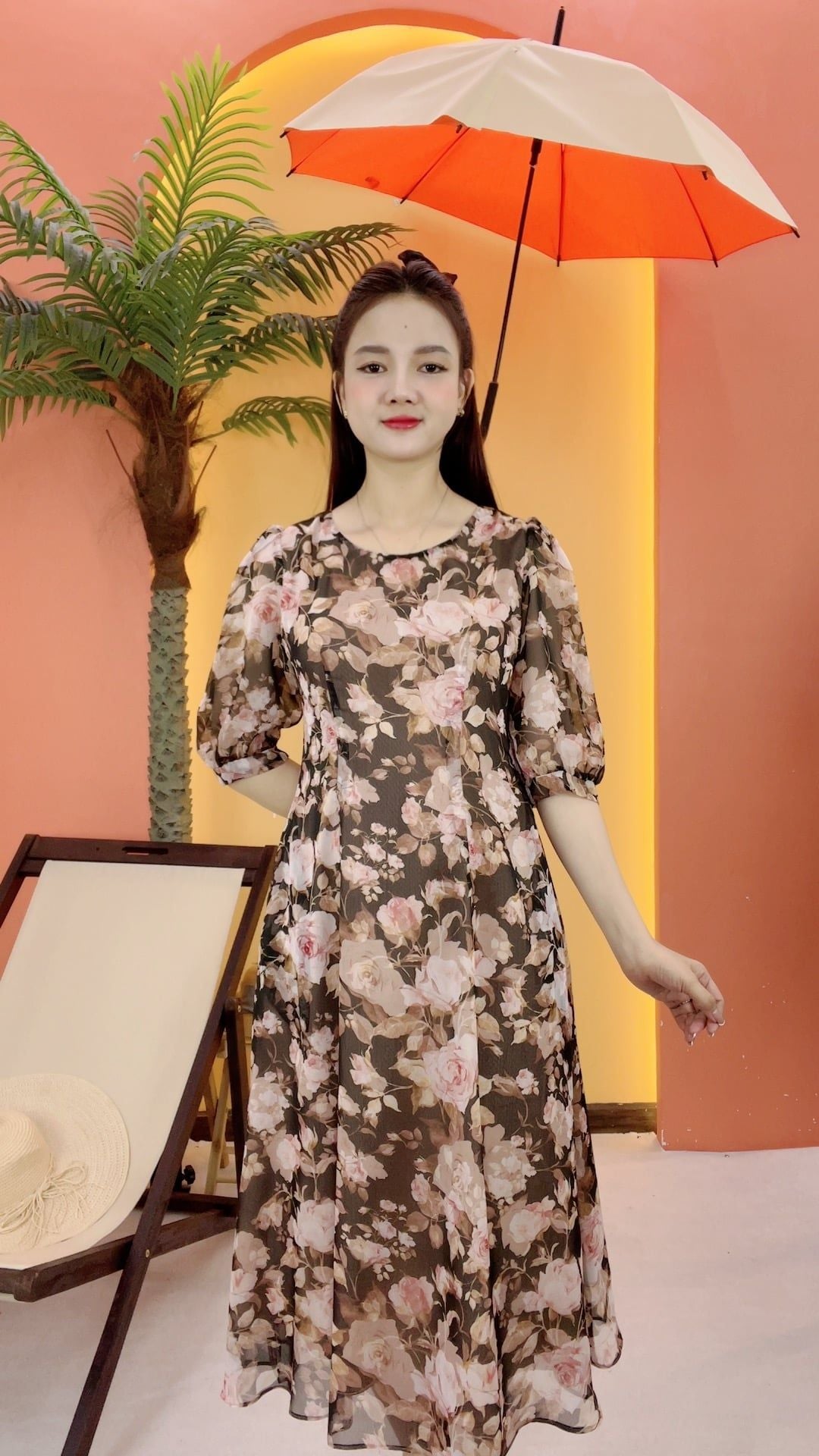 Đầm suông - Cổ tròn tay lỡ - CD - Nâu hoa - TTV2057