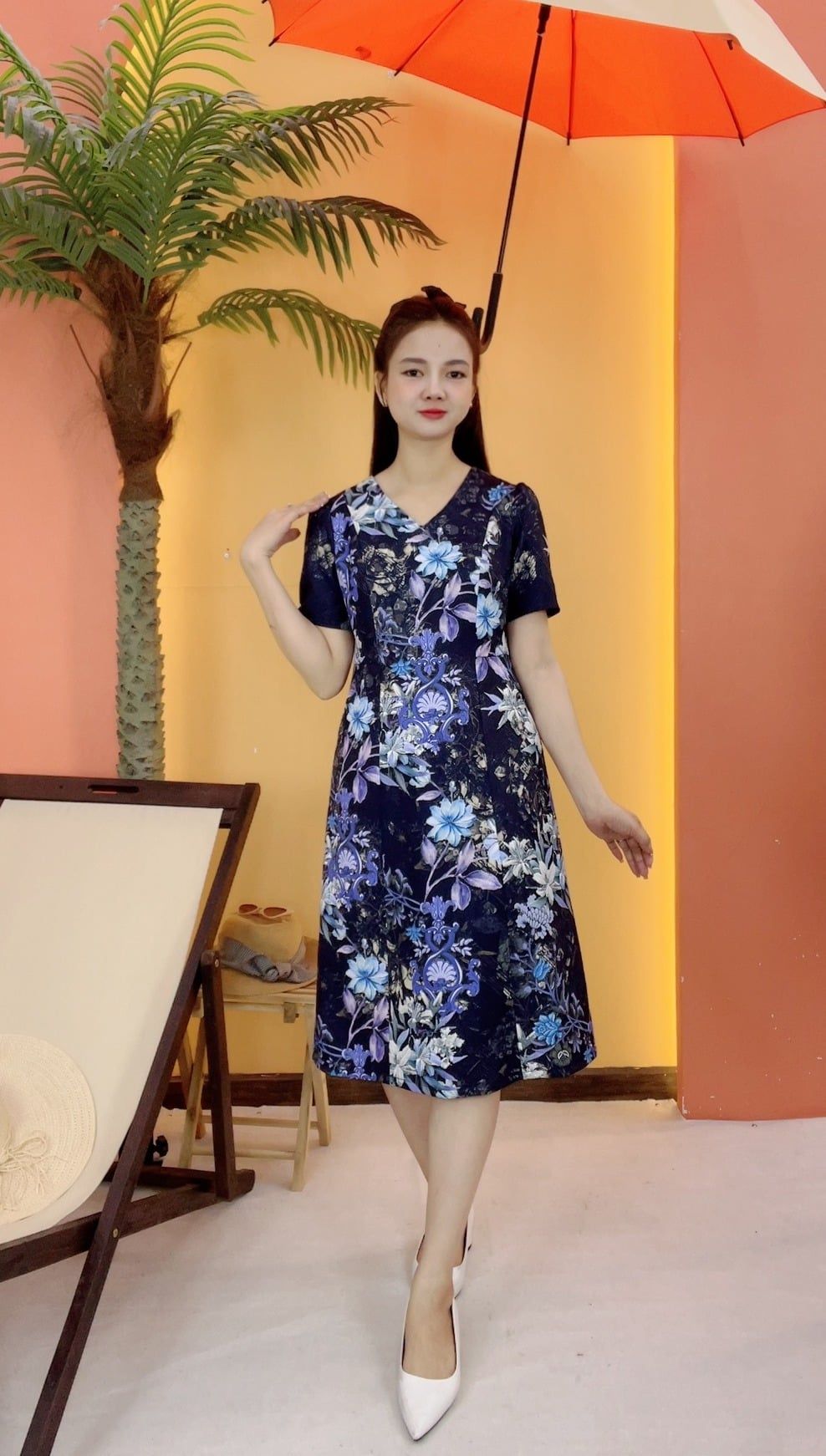 Đầm suông - Cổ tim tay ngắn - CD - Xanh hoa - TTV2053