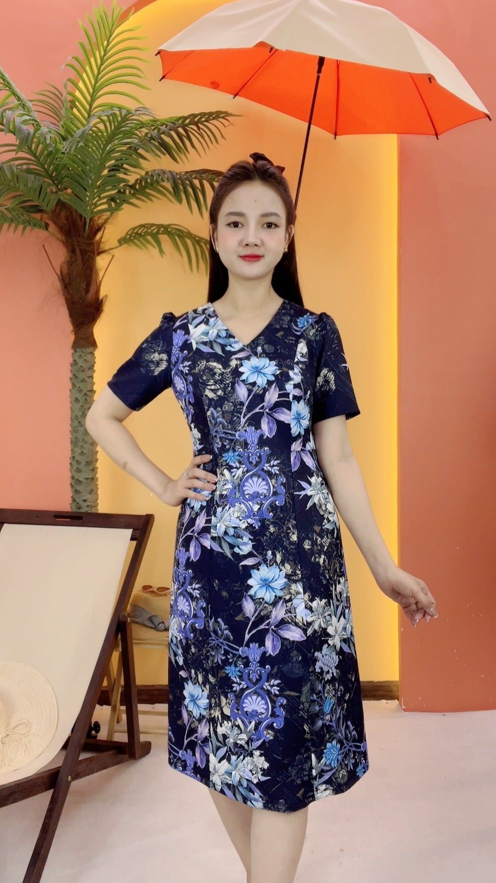 Đầm suông - Cổ tim tay ngắn - CD - Xanh hoa - TTV2053