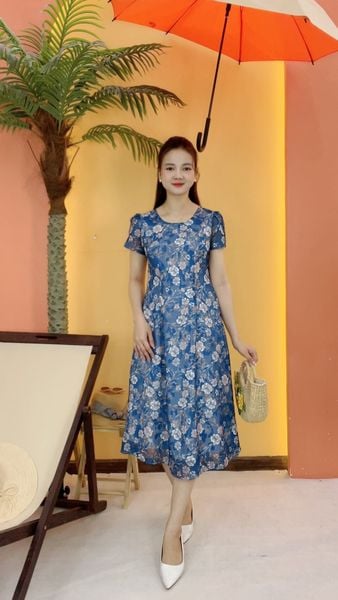 Đầm suông xòe - Cổ tròn tay ngắn - CT - Xanh hoa - TTV2059