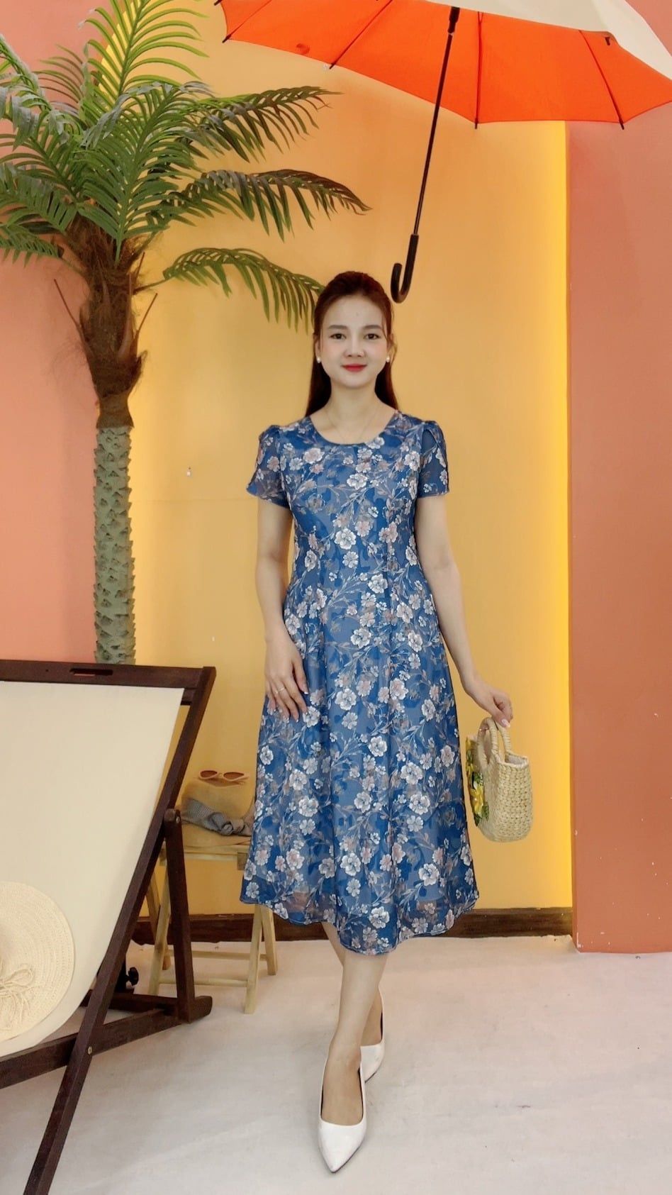 Đầm suông xòe - Cổ tròn tay ngắn - CT - Xanh hoa - TTV2059