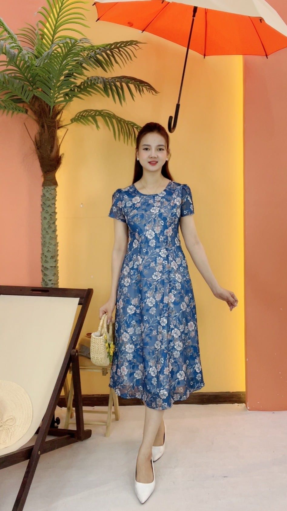 Đầm suông xòe - Cổ tròn tay ngắn - CT - Xanh hoa - TTV2059