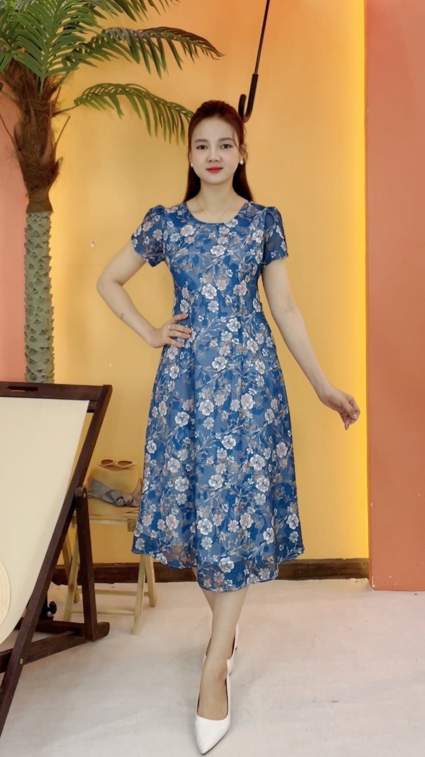 Đầm suông xòe - Cổ tròn tay ngắn - CT - Xanh hoa - TTV2059