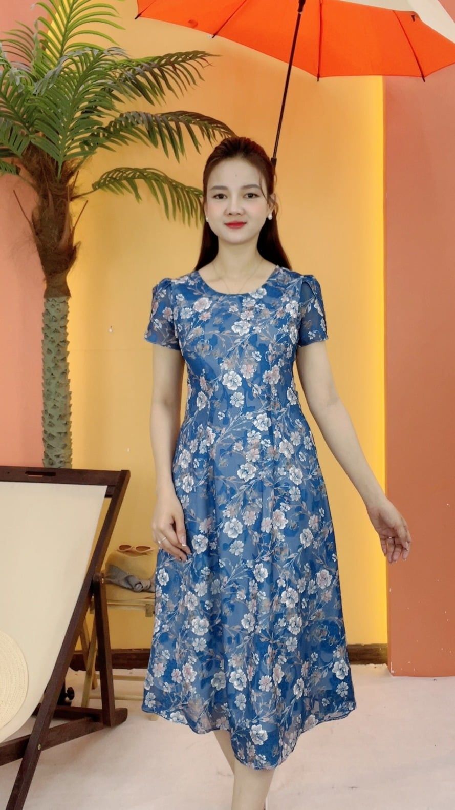 Đầm suông xòe - Cổ tròn tay ngắn - CT - Xanh hoa - TTV2059