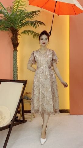 Đầm xòe - Cổ tim tay loe - CV - Nâu hoa - TTV2060