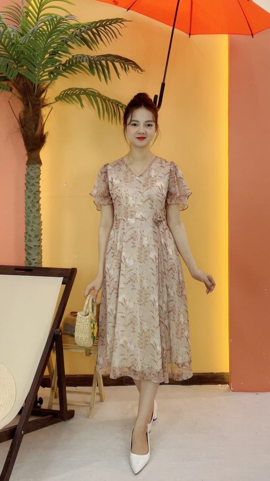 Đầm xòe - Cổ tim tay loe - CV - Nâu hoa - TTV2060