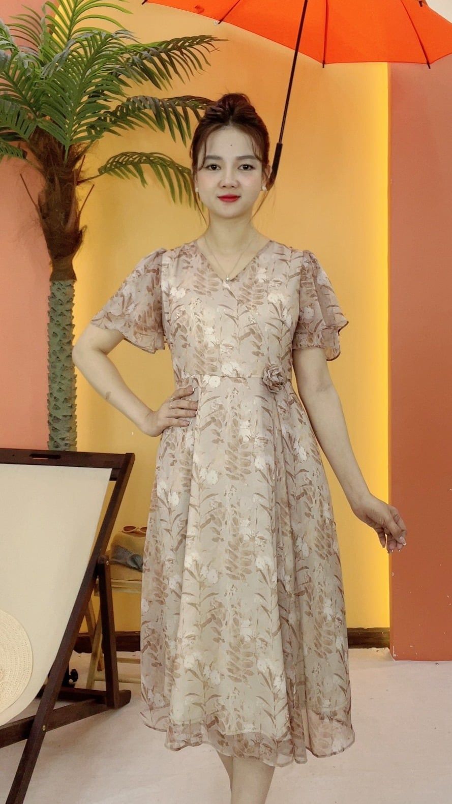 Đầm xòe - Cổ tim tay loe - CV - Nâu hoa - TTV2060