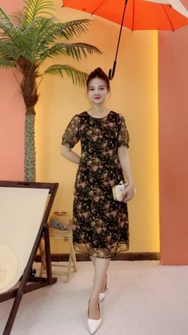Đầm suông - Cổ tròn tay ngắn - CD - Đen hoa cam - TTV2061