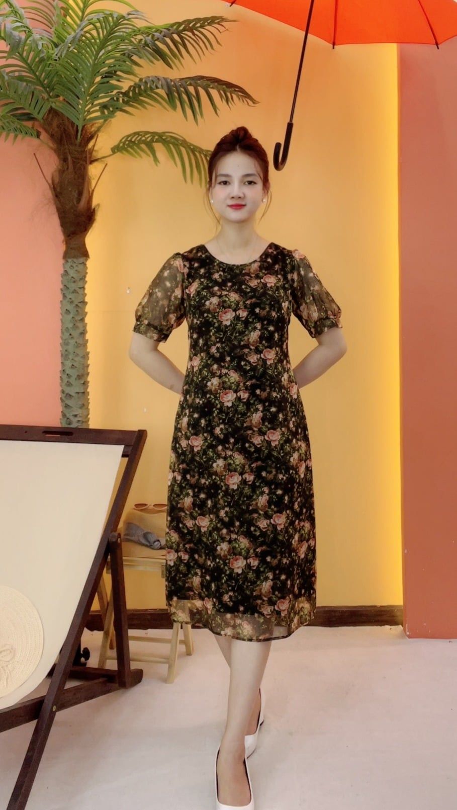 Đầm suông - Cổ tròn tay ngắn - CD - Đen hoa cam - TTV2061