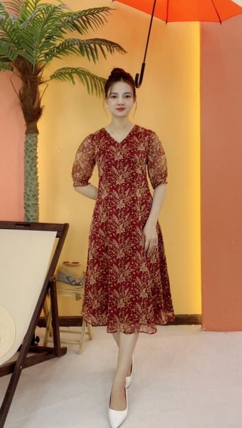 Đầm suông xòe - Cổ tim tay ngắn - CT - Đỏ hoa nhí - TTV2066